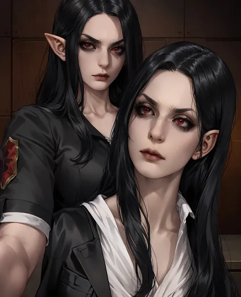 a devilish woman with black hair, pale skin, and red eyes, wearing an elf-like costume, in a dark and mysterious setting, (best ...