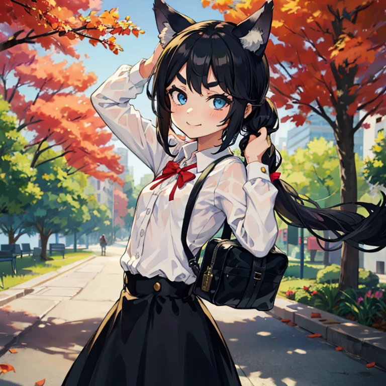 Young girl with black hair, long twintail, twintail hairstyle, (blue eyes), ((small bushy eyebrows)), (wolf ears up), wearing gothic lolita, lolicon clothes, going to school, dull eyes, dull face, going to school, flirtatious smile, small and perky breasts, in a park