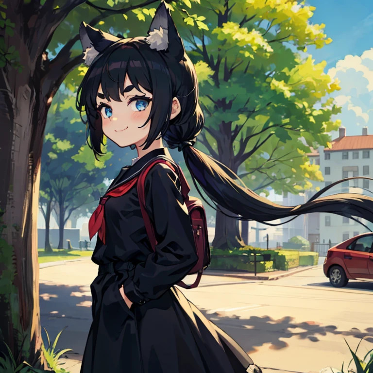 Young girl with black hair, long twintail, twintail hairstyle, (blue eyes), ((small bushy eyebrows)), (wolf ears up), wearing gothic lolita, lolicon clothes, going to school, dull eyes, dull face, going to school, flirtatious smile, small and perky breasts, in a park