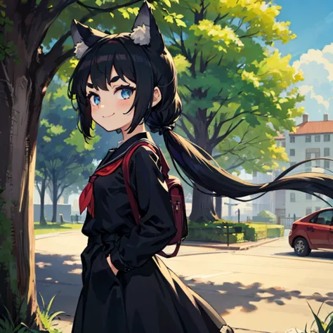 young girl with black hair, long twintail, twintail hairstyle, (blue eyes), ((small bushy eyebrows)), (wolf ears up), wearing go...