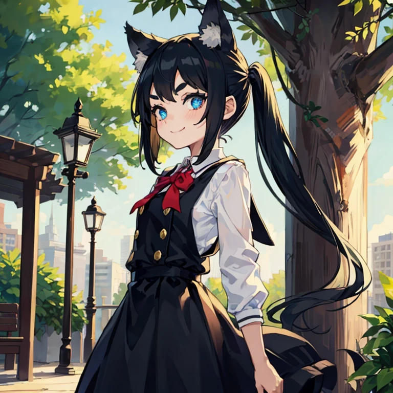 Young girl with black hair, long twintail, twintail hairstyle, (blue eyes), ((small bushy eyebrows)), (wolf ears up), wearing gothic lolita, lolicon clothes, going to school, dull eyes, dull face, going to school, flirtatious smile, small and perky breasts, in a park