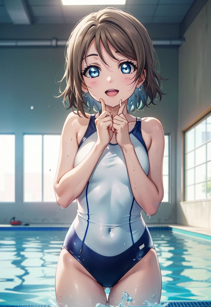 Yo Watanabe, Watanabe Yo, short hair, blue eyes, Brown Hair, smile, Open your mouth,tooth,Swimsuit,Wet swimsuit,Wet Skin,Wet Hair,Are standing,So that the whole body goes into the illustration,
break indoors, Indoor swimming pool,
break looking at viewer,Upper Body, (Cowboy Shot:1.5),
break (masterpiece:1.2), Highest quality, High resolution, unity 8k wallpaper, (figure:0.8), (Beautiful attention to detail:1.6), Highly detailed face, Perfect lighting, Highly detailed CG, (Perfect hands, Perfect Anatomy),