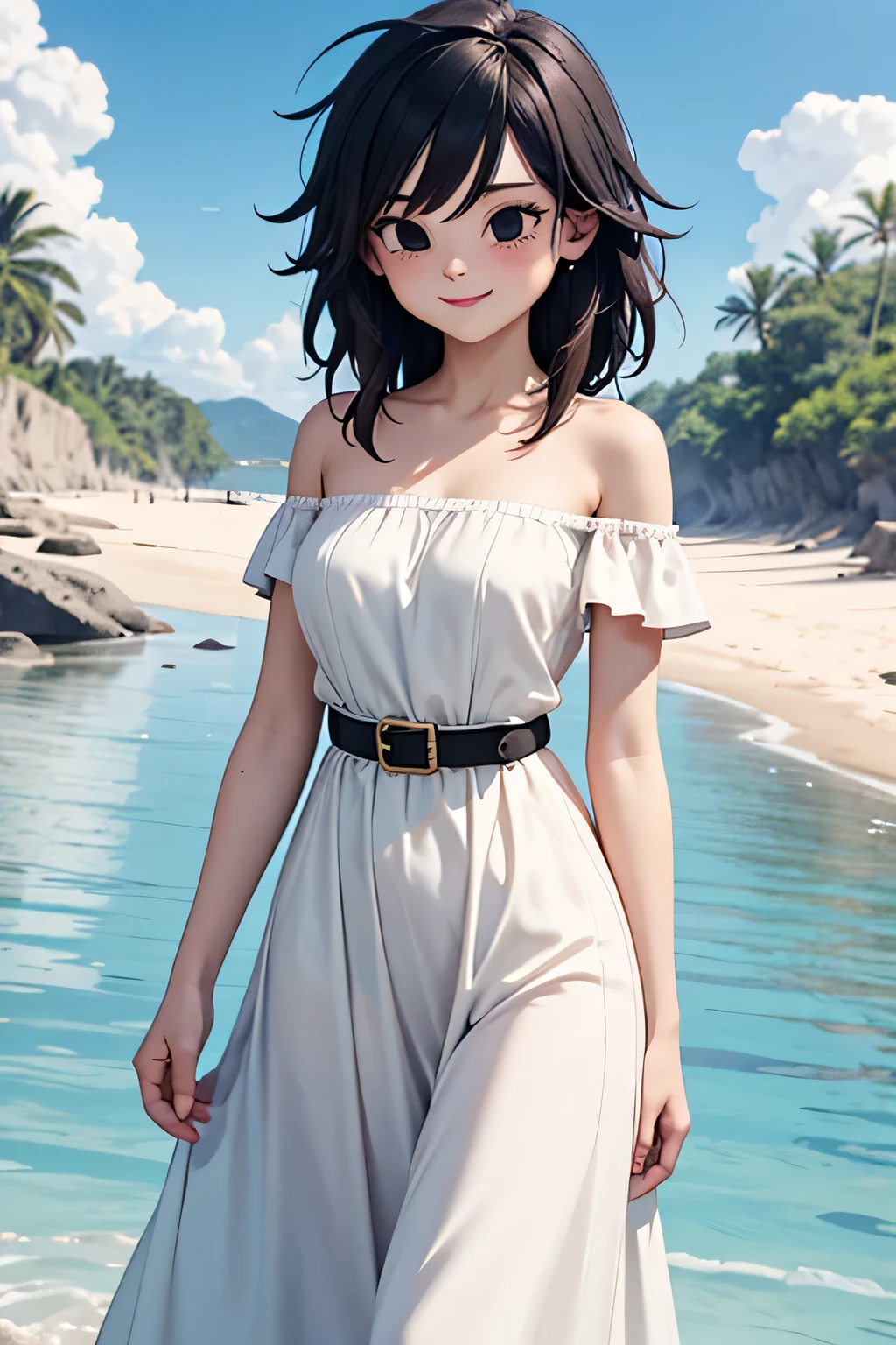 anime screencap, masterpiece, best quality, highres, outdoors, small breasts, gine, spiky black hair, 1 girl, Solo, Black Eyes, Good hands are down, Smile, Blushing, Bare Neck, Bare Shoulders, strapless, White Ruffle Off-the-Shoulder maxi dress. Black slash belt, Cowboy shot. A landscape of the beach, sea, blue skies, sand beach. In the center. Walking on the beach Far from the bottom, looking at viewers