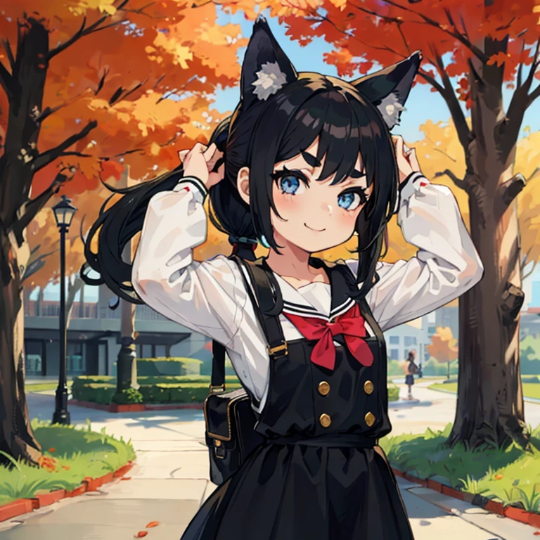 Young girl with black hair, long twintail, twintail hairstyle, (blue eyes), ((small bushy eyebrows)), (wolf ears up), wearing gothic lolita, lolicon clothes, going to school, dull eyes, dull face, going to school, flirtatious smile, small and perky breasts, in a park