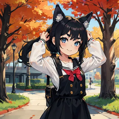 young girl with black hair, long twintail, twintail hairstyle, (blue eyes), ((small bushy eyebrows)), (wolf ears up), wearing go...