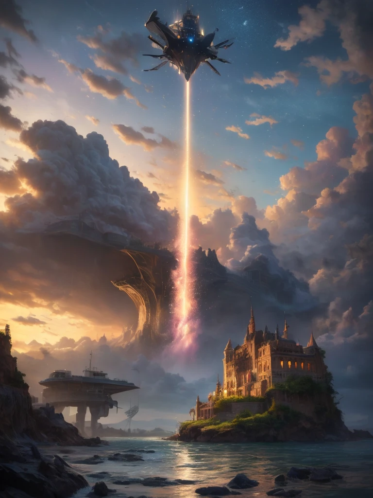 (8k, highest quality, masterpiece, final fantasy style: 1.2), (unRealistic, photoRealistic: 1.37), Dreamy landscape, Fantasy, Unsurreal landscapes, Super detailed, Flying Castle, Floating Island in the Sky, Seven-colored swirl of light, Intense lightning, nebulas, Complex Light, Colored light, Large Lake, Starry sky reflected on the lake surface, Countless shining stars, Meteors,  Reflections , (A pillar of light emanated from the ground:1,2), roses and orchids gardens , bright spring day, pink clouds, waterfalls in the sky, realistic style, Hyperrealism drawing, (a flying pirate spaceship floating high above the clouds, burning skyscrapers, cyborgs, timeless realms, stunning  princess standing   ,  casting spell, healing light magic effect, in a magical lagoon of the fairyland, crystal clear water surface reflections, sharp focus, looking at viewer, (close-up:0.9), (bright white theme:1.2), (bright white tone:1.2), (deep blue tone:1.3),((( realistic, Hyperrealism, vivid colours , landscapes , alien cyborgs , science fiction themes))), fairies and robots