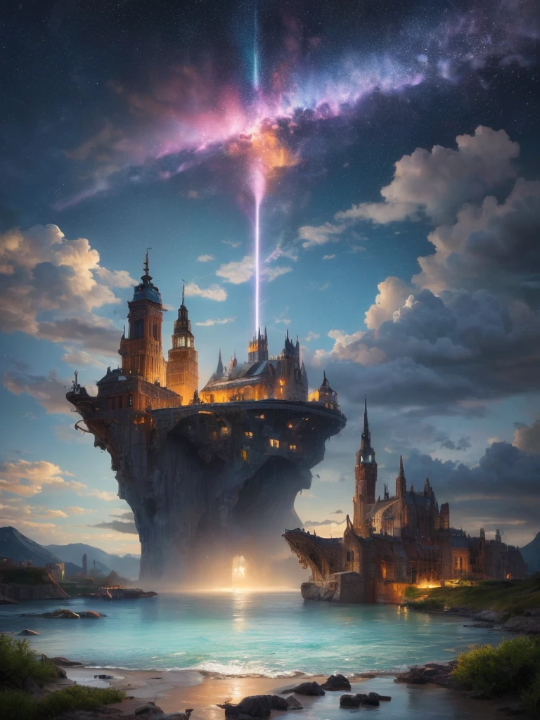 (8k, highest quality, masterpiece, final fantasy style: 1.2), (unRealistic, photoRealistic: 1.37), Dreamy landscape, Fantasy, Unsurreal landscapes, Super detailed, Flying Castle, Floating Island in the Sky, Seven-colored swirl of light, Intense lightning, nebulas, Complex Light, Colored light, Large Lake, Starry sky reflected on the lake surface, Countless shining stars, Meteors,  Reflections , (A pillar of light emanated from the ground:1,2), roses and orchids gardens , bright spring day, pink clouds, waterfalls in the sky, realistic style, Hyperrealism drawing, (a flying pirate spaceship floating high above the clouds, burning skyscrapers, cyborgs, timeless realms, stunning  princess standing   ,  casting spell, healing light magic effect, in a magical lagoon of the fairyland, crystal clear water surface reflections, sharp focus, looking at viewer, (close-up:0.9), (bright white theme:1.2), (bright white tone:1.2), (deep blue tone:1.3),((( realistic, Hyperrealism, vivid colours , landscapes , alien cyborgs , science fiction themes))), fairies and robots