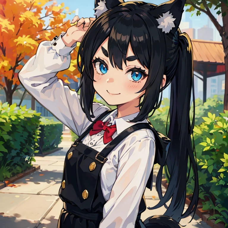 Young girl with black hair, long twintail, twintail hairstyle, (blue eyes), ((small bushy eyebrows)), (wolf ears up), wearing gothic lolita, lolicon clothes, going to school, dull eyes, dull face, going to school, flirtatious smile, small and perky breasts, in a park