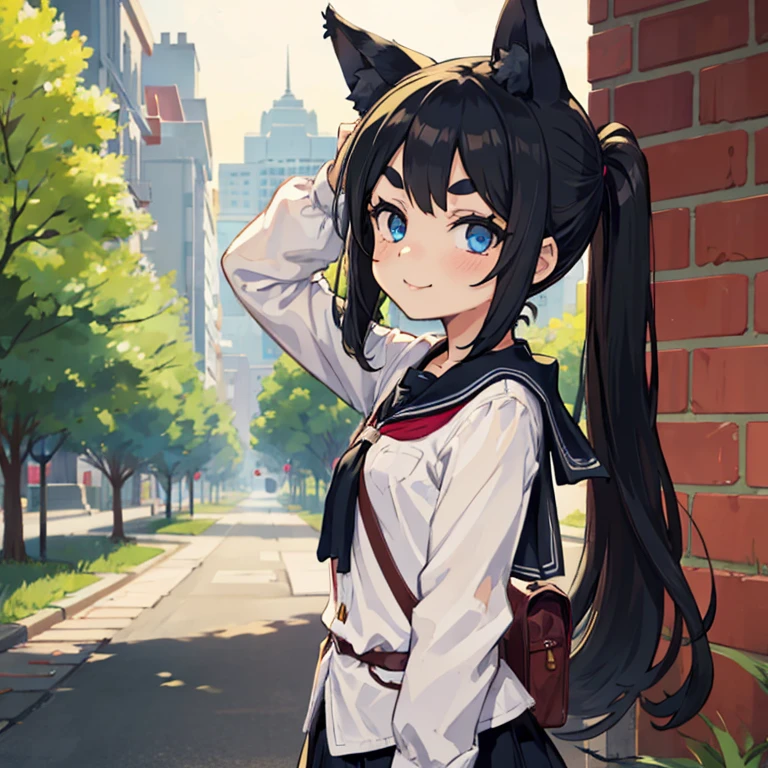 Young girl with black hair, long twintail, twintail hairstyle, (blue eyes), ((small bushy eyebrows)), (wolf ears up), wearing gothic lolita, lolicon clothes, going to school, dull eyes, dull face, going to school, flirtatious smile, small and perky breasts, in a park