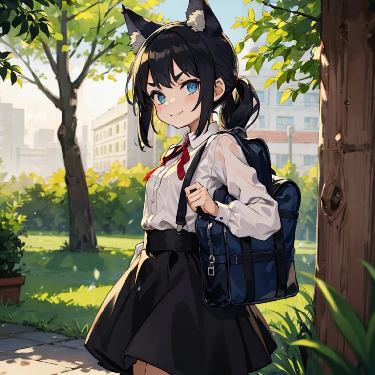 Young girl with black hair, long twintail, twintail hairstyle, (blue eyes), ((small bushy eyebrows)), (wolf ears up), wearing gothic lolita, lolicon clothes, going to school, dull eyes, dull face, going to school, flirtatious smile, small and perky breasts, in a park