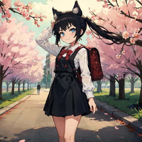 young girl with black hair, long twintail, twintail hairstyle, (blue eyes), ((small bushy eyebrows)), (wolf ears up), wearing go...