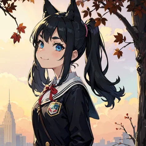 young girl with black hair, long twintail, twintail hairstyle, (blue eyes), ((small bushy eyebrows)), (wolf ears up), wearing go...