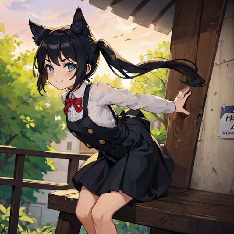 Young girl with black hair, long twintail, twintail hairstyle, (blue eyes), ((small bushy eyebrows)), (wolf ears up), wearing gothic lolita, lolicon clothes, going to school, dull eyes, dull face, going to school, flirtatious smile, small and perky breasts, in a park