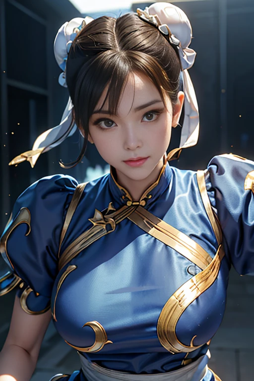 Chun-Li from Street Fight II,The perfect Chun-Li costume,Blue Chinese dress with gold lines,Bun Head,Good cover,Fighting Pose,masterpiece、1 beautiful girl、Beautiful Eyes、Puffy eyes、Highest quality, 超High resolution, (reality: 1.4), Cinema Lighting、Japanese、Asian Beauty、Korean、so beautiful、Beautiful Skin、Body facing forward、Face close-up、(超reality的な)、(High resolution)、(8k)、(Very detailed)、(美しくBeautiful Eyes)、(Very detailed)、 (wall-)、Detailed face、Bright lighting、Professional Lighting、Looking at the audience、Look straight ahead、Diagonal bangs、Nogizaka Idol、Korean Idolasterpiece, Highest quality, masterpiece, Highest quality, Perfect Face, Perfect brown eyes with white sclera, Bad move -5, alone, 1 girl, Upper Body, Brown Hair, From SF2, Chinese Language Services, smile, Muscular Woman, Blue clothes, pantyhose, Pelvic Curtain, Puff short sleeves, Good cover, sash, evaluation:safety