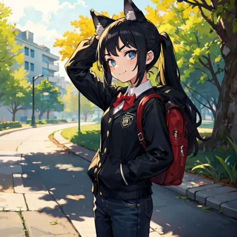 young girl with black hair, long twintail, twintail hairstyle, (blue eyes), ((small bushy eyebrows)), (wolf ears up), wearing go...