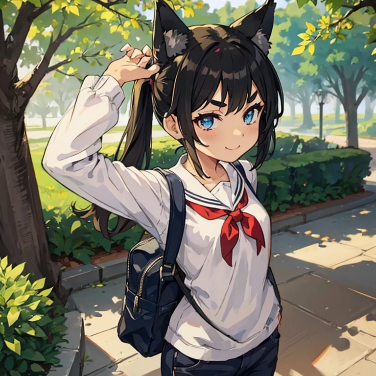 Young girl with black hair, long twintail, twintail hairstyle, (blue eyes), ((small bushy eyebrows)), (wolf ears up), wearing gothic lolita, lolicon clothes, going to school, dull eyes, dull face, going to school, flirtatious smile, small and perky breasts, in a park, showing her pants