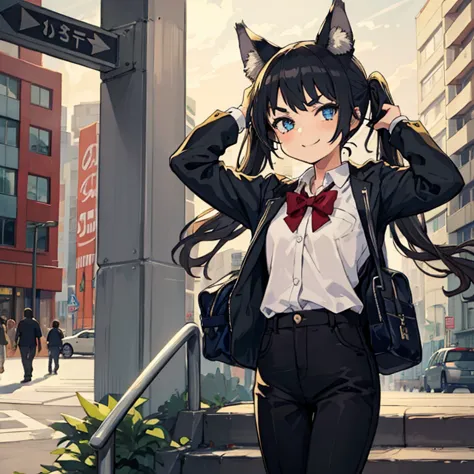 young girl with black hair, long twintail, twintail hairstyle, (blue eyes), ((small bushy eyebrows)), (wolf ears up), wearing go...