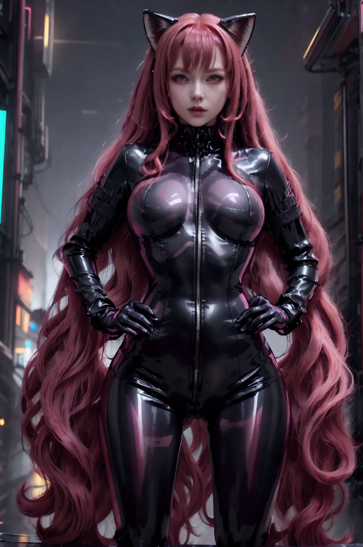 woman dressed in extremely tight reflective translucent latex black catsuit with high collar, redhead long straight hair in the ...