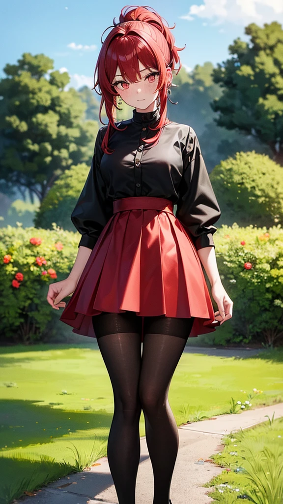 (Highest quality,High resolution,Very detailed,girl)black tights,Red hair,ponytail,Height: 150cm,cute,black eye,I'm wearing a red skirt,It has a lot of exposure,Her eyes are white and shining,Has bright white eyes,Has an embarrassed look,