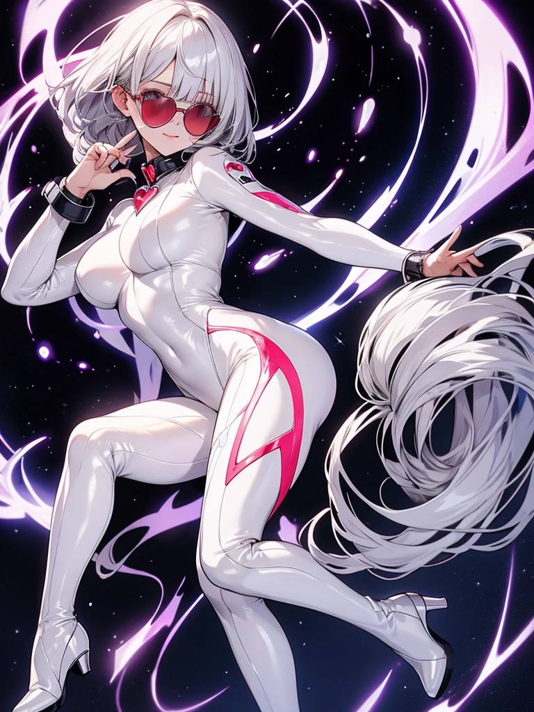 White patent leather tight suit, A suit with a metallic shine, Heart Sunglasses, Silver Hair, Dark Skin, Beautiful Hands, Beautiful fingers, Beautiful legs, Red long boots, Alluring expression, 