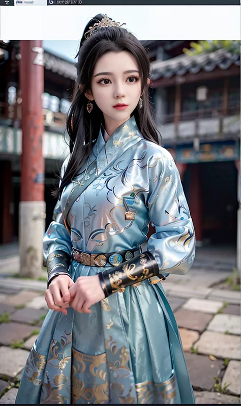 feiyu_clothes, blue fabric, gold embroidery, black bracer with golden embroidery, high ponytail, depth of field, night cityscape...