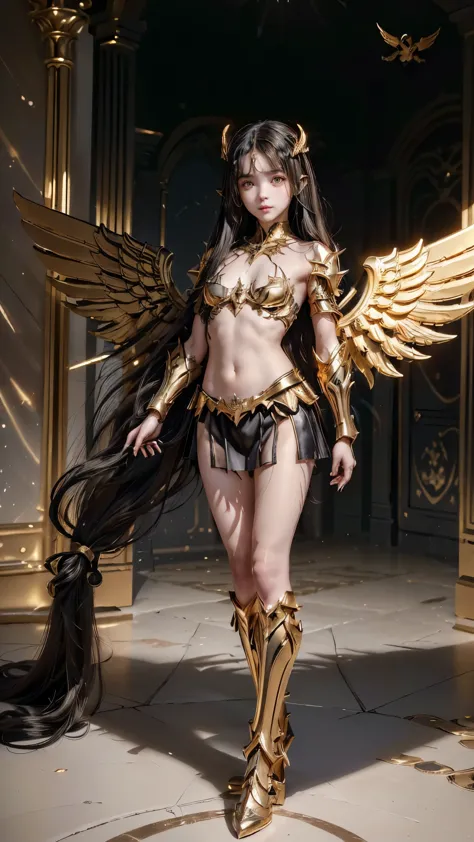 arafed woman in a black and gold outfit with wings, angel knight girl, angel in plastic armor, angel knight gothic girl, by yang...