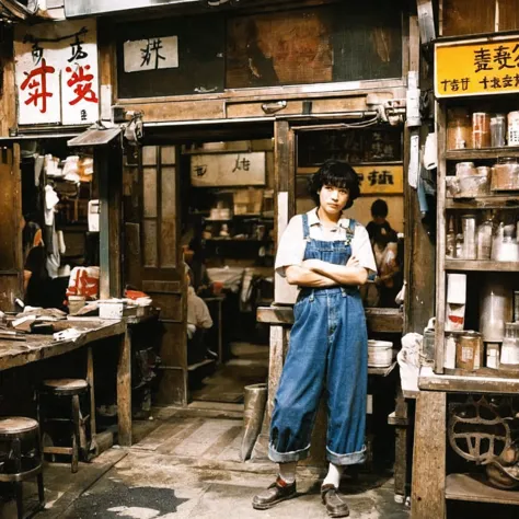 ((masterpiece、highest quality))、poor conditions、japan 1980s, dirty standing tavern、old and dirty store, unsanitary and dirty dow...