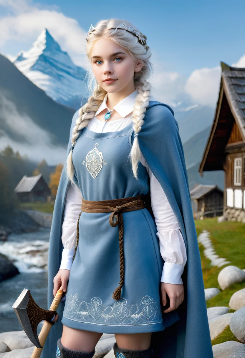 A beautiful photo of very young tween wearing a short Norse style charcoal grey woolen gown with elegant pale azure blue princess style apron, runes of family, love, healing and protection are embroidered along it, with knee high stockings, white doeskin boots, and a beautiful cloak with silver white collar, has golden white hair. The hairstyle is elegant loose waves with a Dutch braided with a silver diamond circlet with a triforce gem, holding a magical axe, white leather magic bag, warrior princess, thick mountain morning mist, beautiful curvy girl, 12k, ancient Norse, octane render, perfect eyes, wide hips, large saggy chest, Norse mountain village, cleavage 