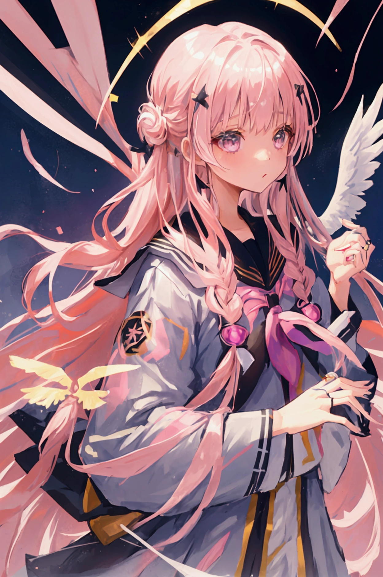 An angel. a beautiful girl with silver long hair, gray eyes. pink hair gradations, wearing a Japanese school seifuku uniform, wearing black gold wings. and a ring of angels overhead. Cool expression.