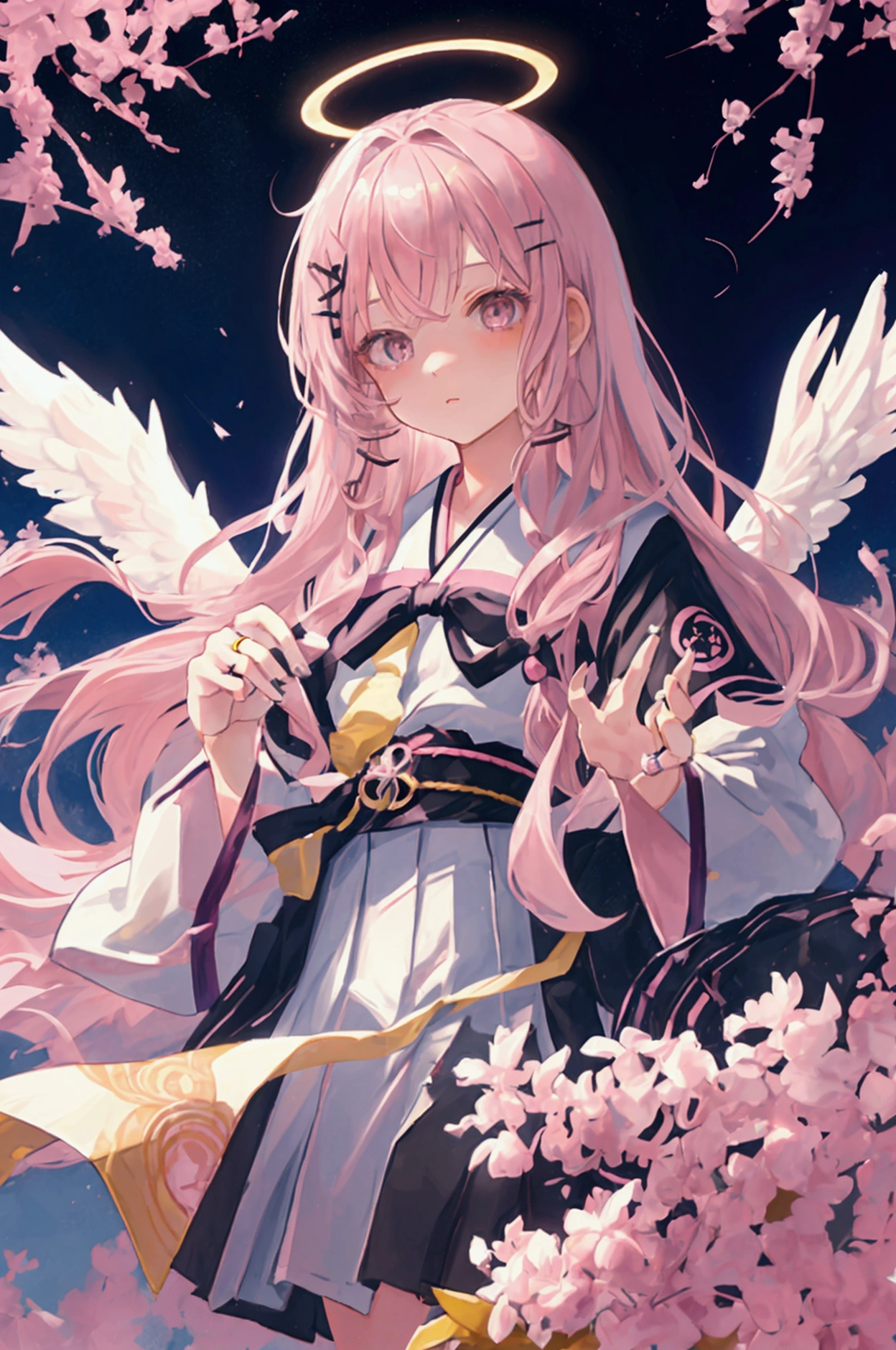 An angel. a beautiful girl with silver long hair, gray eyes. pink hair gradations, wearing a Japanese school seifuku uniform, wearing black gold wings. and a ring of angels overhead. Cool expression.