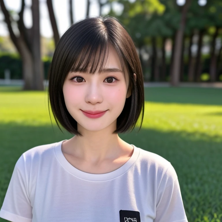 (kawaii 24 year-old Japanese girl, Nogizaka idol, Korean idol), healthy female athlete body, (glossy black hair, short hair, pixie cut, bangs:1.3), (rounded face, pure black eyes, single eyelid, no makeup, splashing smile:1.2), (wears crew neck t-shirt:1.3), extra small breasts, BREAK, (park background, turf:1.3), (dynamic angle, bust shot:1.2),  BREAK, (masterpiece, best quality, photo realistic, official art:1.4), (UHD, 8K quality wallpaper, high resolution, raw photo, golden ratio:1.3), (shiny skin), professional lighting, physically based rendering, award winning, (highly detailed skin, extremely detailed face and eyes, anatomically correct body), Carl Zeiss 85 mm F/1.4, depth of field, 1girl, solo,