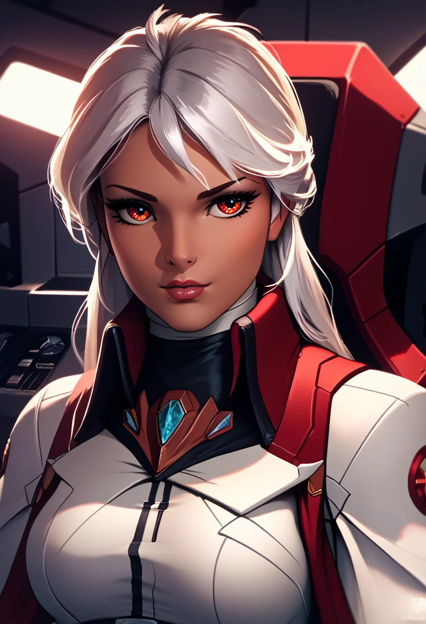 a beautiful detailed eyes, beautiful detailed lips, extremely detailed eyes and face, long eyelashes, black skin woman, mecha pilot, cockpit,super soldier red eyes, hair lisse, piloting, (best quality,4k,8k,highres,masterpiece:1.2),ultra-detailed,(realistic,photorealistic,photo-realistic:1.37), concept art, cinematic lighting, dynamic pose, dramatic colors, intricate detail, futuristic, sci-fi