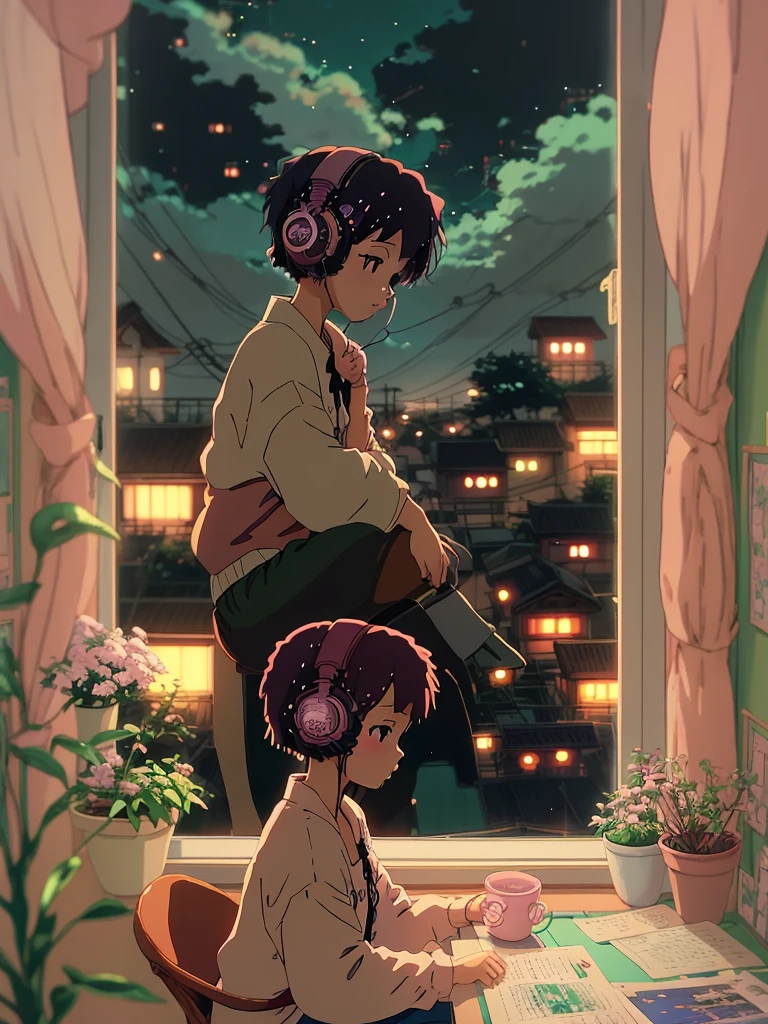 Anime style, (dreamlikeart), (soft focus), cozy room setting, girl with headphones, [(Lofi beats:1.3)|ambient music], (anime art), [(cherry blossoms|bookshelf:0.5)], [reflective surface:0.8], [(pastel colors:1.2)|subdued tones], [(attention to details:1.1)], [illustration:0.7], [(Studio Ghibli style:1.4)], (anime character design), [window light], [(subtle shadows:0.9)], [(subdued atmosphere:1.2)|calm ambiance], [(trending on Pixiv:1.2)], [(anime community approved:1.1)], [(Anime Expo:1.3)], [ethereal glow], [(focus on eyes:1.1)], [(character illustration:0.8)], [(soft artstyle)], [(nostalgic feeling:1.2)], [(character sitting:0.7)], [(artistic details:1.1)], [(melancholic mood:1.3)], [(attention to clothing details:1.2)], [(hair flow:1.1)], [(unique headphones design:1.2)], [(vivid background elements:1.1)], [(anime genre:lofi:1.4)], [(trending on DeviantArt:1.1)], [(inspired by Makoto Shinkai:1.2)], [(cyberpunk infusion:0.9)], [(rainy day vibe:1.2)], [(subtle bokeh:1.1)], [(anime girl pose:0.9)], [(artistic expression:1.2)], [(harmony in color palette:1.1)], [(wistful mood:1.2)], [(detailed room decor:1.1)], [(trending on ArtStation:1.1)], [(illustration challenge entry:1.3)] , 1girl