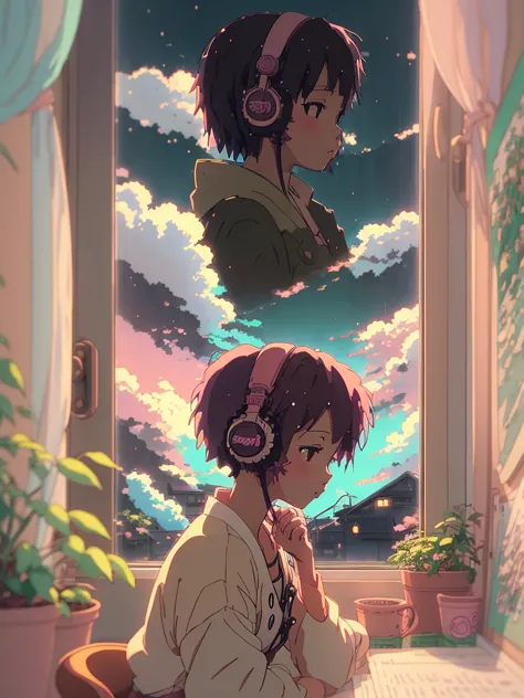 anime style, (dreamlikeart), (soft focus), cozy room setting, girl with headphones, [(lofi beats:1.3)|ambient music], (anime art...