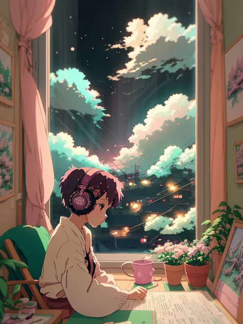 anime style, (dreamlikeart), (soft focus), cozy room setting, girl with headphones, [(lofi beats:1.3)|ambient music], (anime art...