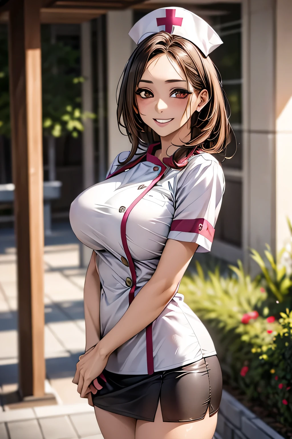 1 female, 40 years old, (Nurse cap, nurse uniform and mini skirt), masterpiece, grin, (very tanned and shiny skin), Big Breasts, photoRealistic, Realistic, alone, photoRealistic, Highest quality, Ultra-high resolution, Yura S, Outdoor, colorful,  Daytime setting, beautiful, masterpiece, Highest quality, Very detailedな顔, Perfect lighting, Ultra-high resolution, Very detailed, (background: Inside the hospital)