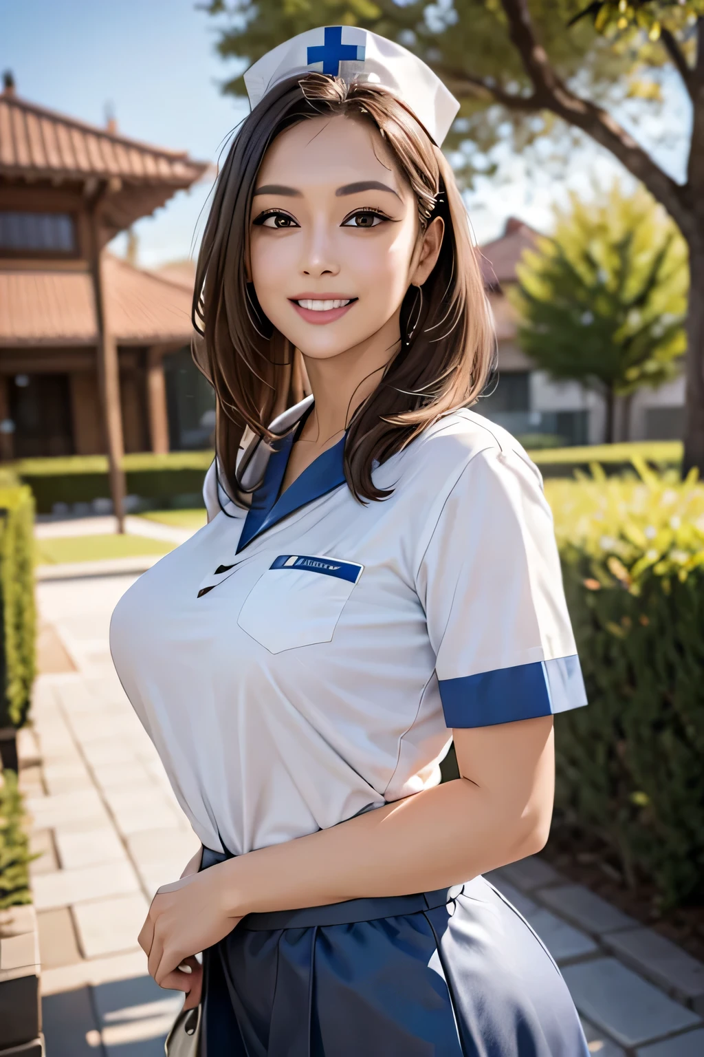 1 female, 40 years old, (Nurse cap, nurse uniform and mini skirt), masterpiece, grin, (very tanned and shiny skin), Big Breasts, photoRealistic, Realistic, alone, photoRealistic, Highest quality, Ultra-high resolution, Yura S, Outdoor, colorful,  Daytime setting, beautiful, masterpiece, Highest quality, Very detailedな顔, Perfect lighting, Ultra-high resolution, Very detailed, (background: Inside the hospital)