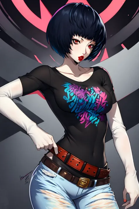 tae takemi, 1girl, solo, standing, black t-shirt, white shirt, blue jeans, belt, lipstick, large breasts, layered sleeves,