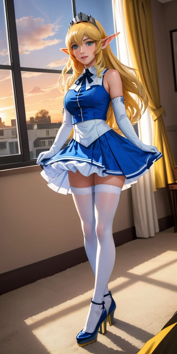 high resolution, masterpiece, high quality, Perfect face, Perfect eyes, Princess Nina Aslato, Long blond hair, Long elf ears, Headdress, Blue tights, mini skirt, High heel, Bring your feet together, White Elbow Gloves, Huge breasts, hapiness, Bedroom Background (indoors) sunset through the window