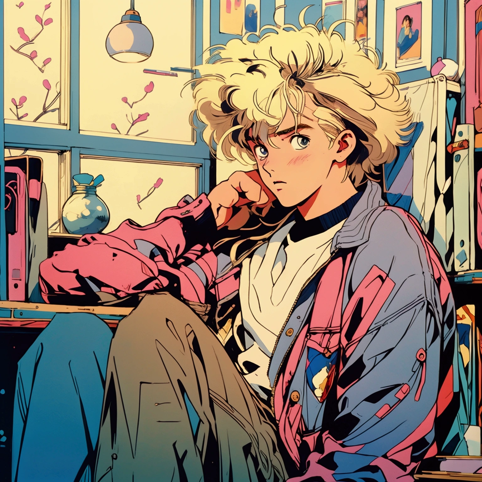 The highest image quality, 90s style anime, 22 year old man, hair blonde, 90s fashion, inside of a bedroom, computer, tabletop, sitting studying, aesthetic