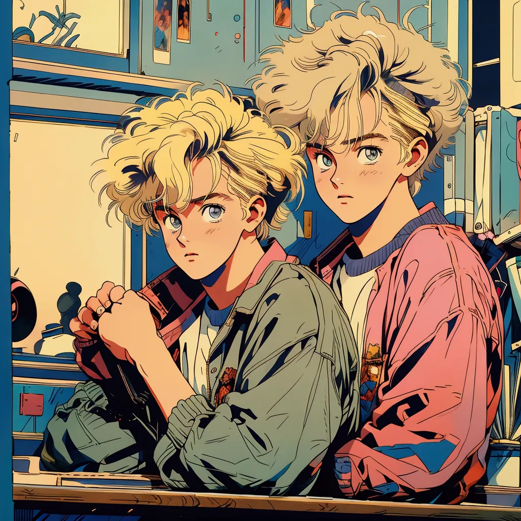 the highest image quality, 90s style anime, 22 year old man, hair blonde, 90s fashion, inside of a bedroom, computer, tabletop, ...