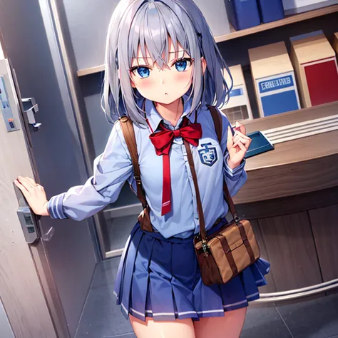 gray hair,blue eyes,long,red hair ornament,he is short,uniform,light blue skirt,plane