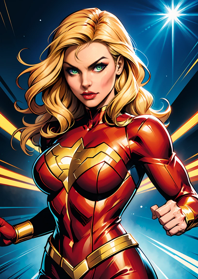 Create an image that combines a black and white comic book scene in the background with a superhero in the spotlight, designed in vibrant colors. The superhero must be a woman in a blue and red costume, with gold details, including a gold star on the chest. She must be wearing a red mask with blonde hair, short and styled up, coming out of the top of the mask. Your hands should be emanating bright energy., as if preparing for an attack. The hero&#39;s pose should convey power and confidence, while the black and white scene in the background shows various actions and dialogues of an epic battle.