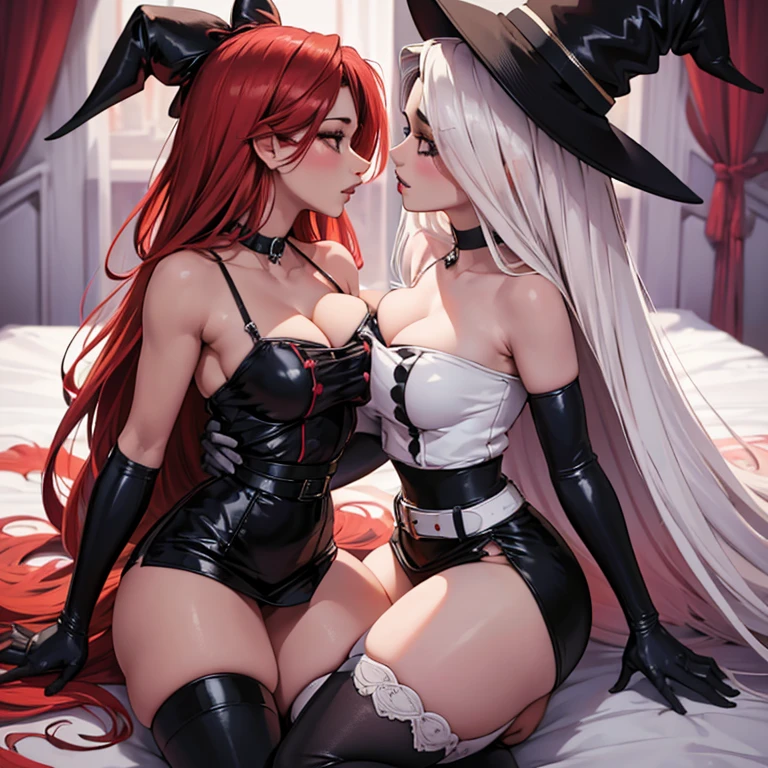 ((having hot lesbian sex in the bedroom. They are kissing, fondling, licking, and scissoring one another with so much passion, these brunettes are so damn hot.)),(masterpiece, best quality:1.4), absurdres, highres, ultra detailed, beautiful, (witch), (perfect face, detailed face, beautiful:1.3),(natural breasts, cleavage), collarbone, fingerless gloves, gloves,spaghetti strap top, black pencil skirt, tight, over the knee skirt, hat, elegant witch outfit, thighhighs, thick thighs, thighs, multiple belts, More detailed 8K.motor irreal:1.4,UHD,La mejor calidad:1.4, fotorrealista:1.4, textura de la piel:1.4, obra maestra:1.8,obra-prima, mejor calidad,objeto Objeto], (detailed face features:1.3),(manos detailed)