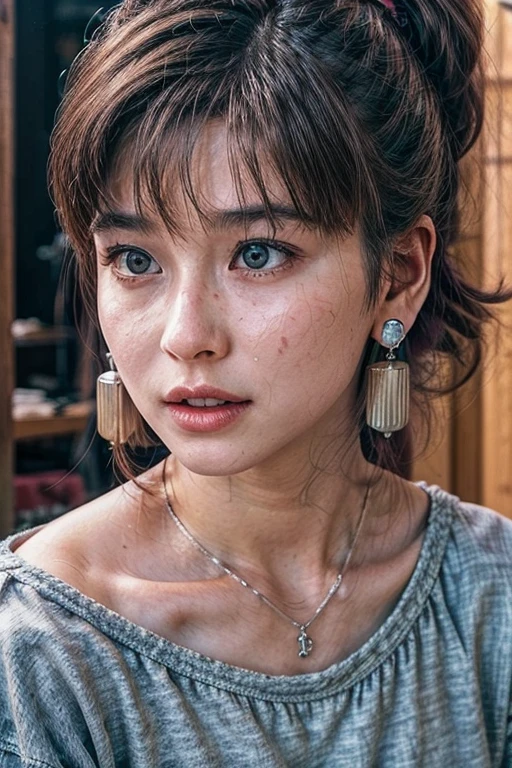 realistic, photo-realistic, masterpiece, best quality, intricate details, extremely detailed, cinematic lighting, solo, a Japanese woman, (cum on face and clothes:1.5), bare shoulders, dark hair, bangs, ponytail, hair ornament, hair scrunchie, cute face, extremely detailed face, beautiful detailed eyes, sophisticated nose, pale skin, fine-textured skin, sweaty, shiny skin, earrings, necklace, jewelry, photo background, indoors, home, 