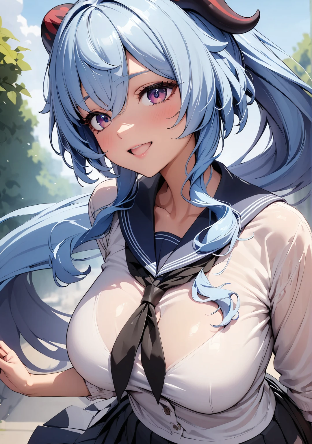 (Highest quality:1.24K, 8K, Very detailed, Latest, Vibrant, High detail, masterpiece:1.2, Highest quality, Best aesthetics), (((1 Girl))), ganyu \(genshin impact\), Sailor suit, Pleated skirt, Open your mouth slightly:1.2, smile, (long hair, light blue hair that ends in shades of darker blue, long ponytail), Dynamic Angle, Friendly atmosphere, Beautiful Hair, Shiny Hair, Beautiful Skin, Detailed face and eyes, Glossy Lips, Curvy Women, A park full of greenery:1.2, Colorful flowers, Light and shadow with attention to detail, Background Blur, Brownish horns with red engravings, turn backwards.