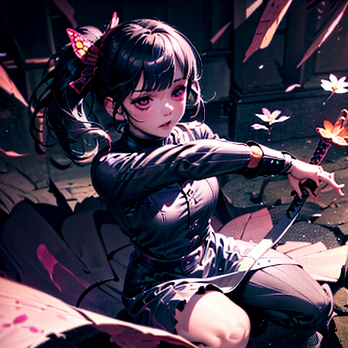 a girl in a black long dress, fighting with a pink sword, detailed thighs, one red eye, background with flowers, ice, and a dark castle, anxious expression, anger, one leg raised, attacking, best quality, 4k, 8k, highres, masterpiece:1.2, ultra-detailed, realistic, photorealistic, photo-realistic:1.37, HDR, UHD, studio lighting, ultra-fine painting, sharp focus, physically-based rendering, extreme detail description, professional, vivid colors, bokeh, concept art