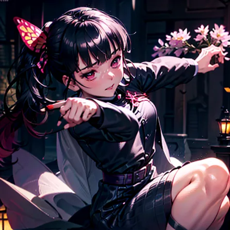 a girl in a black long dress, fighting with a pink sword, detailed thighs, one red eye, background with flowers, ice, and a dark...