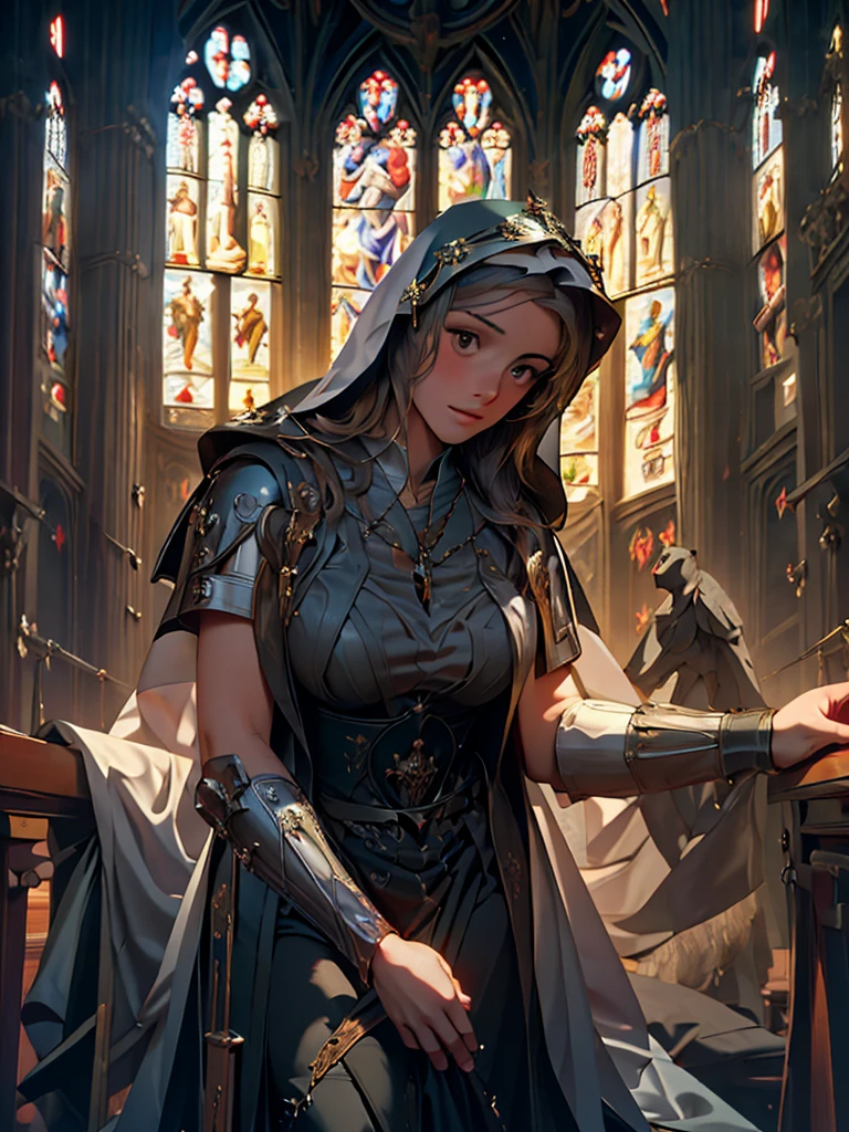 a naked nun bending down and looking back, medieval period church interior, highly detailed, photorealistic, 8k, masterpiece, intricate details, dramatic lighting, chiaroscuro, renaissance style, moody atmosphere, religious iconography, cathedral architecture, stained glass windows