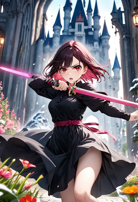 a girl in a black long dress, fighting with a pink sword, detailed thighs, one red eye, background with flowers, ice, and a dark...